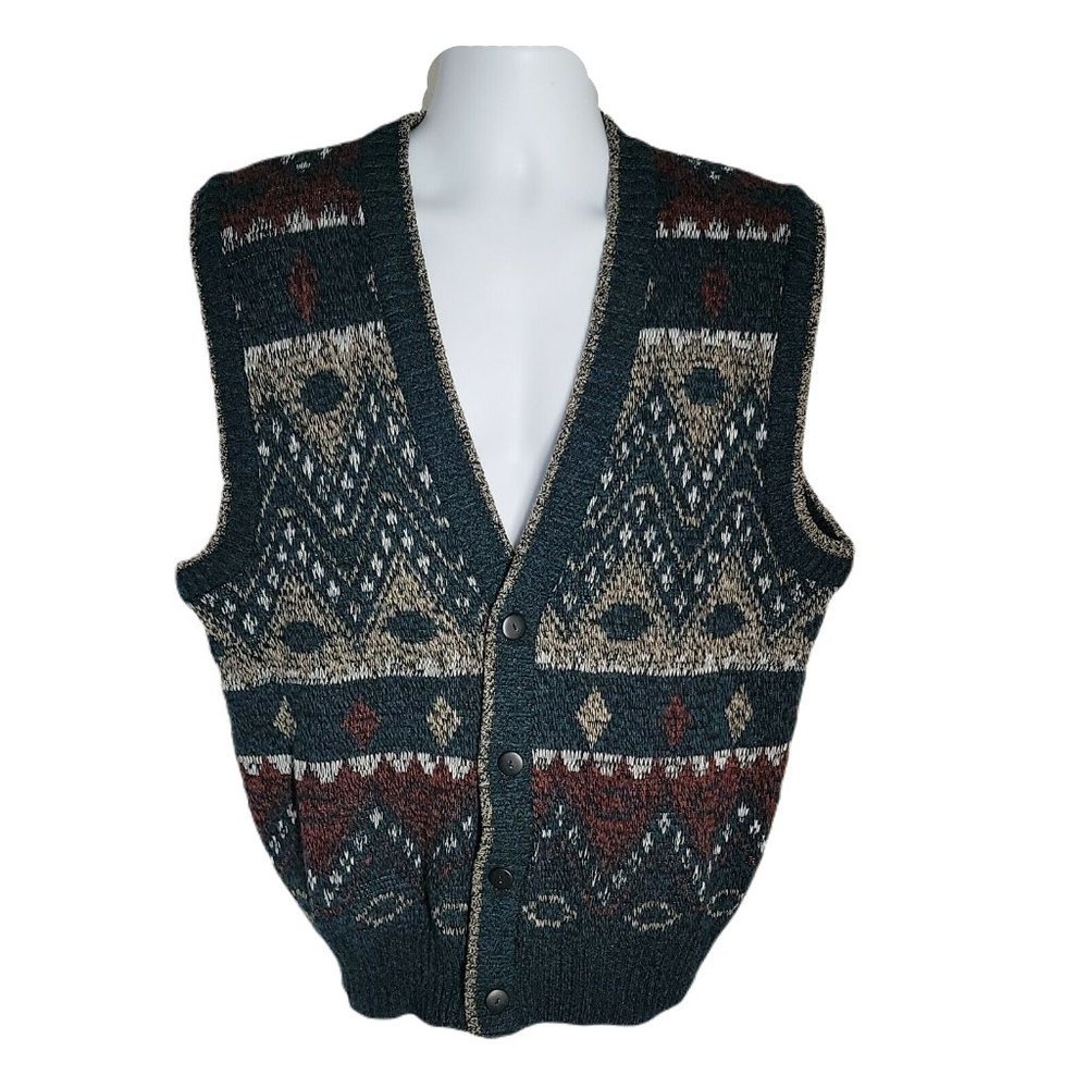 Expressions Vintage 80s 90s Button Up Knit Sweater ~ Sz M ~ Green ~ Sleeveless